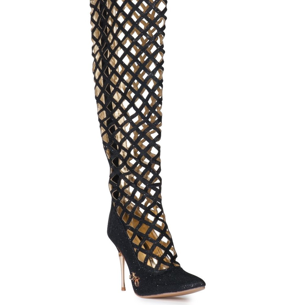 Black Thigh High Cage High Heel Boot